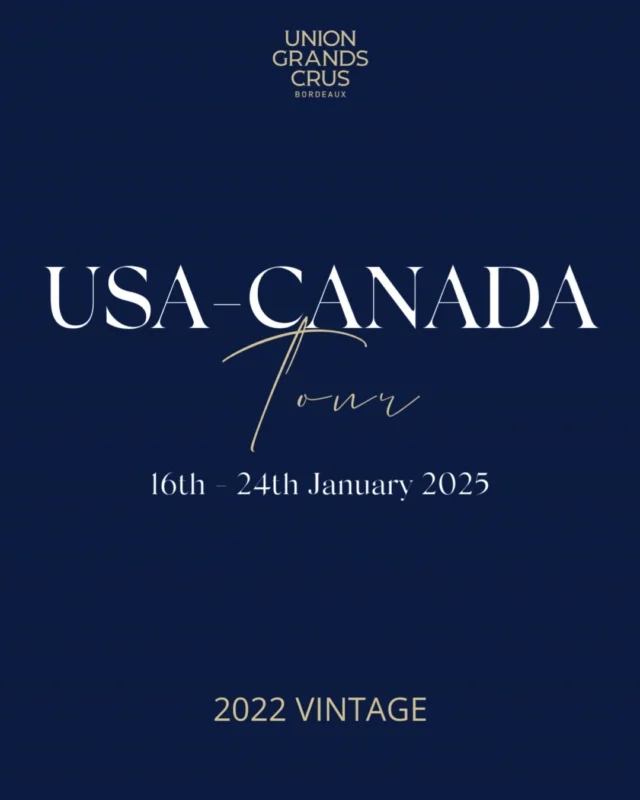 The US and Canada Tour 2025 has started 

Discover the program :

Miami - 16 January ( @totalwine)
Toronto - 17 January ( @lcbo)
New-York - 20 January ( @zachys)
Chicago - 21 January ( @binnysbev)
Denver - 22 January ( @applejackwineandspirits)
San Francisco - 23 January ( @klwines)
Los Angeles - 24 January ( @wallysofficial)

#UGCB #grandscrusdebordeaux #2022vintage